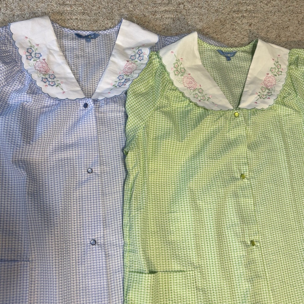 2 Dreamcrest Gingham Seersucker Duster Housecoat Robe Snap Front Blue & Green XL